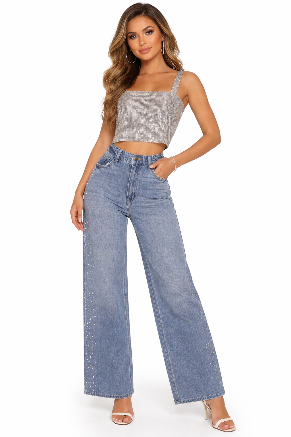 Denim high rise rhinestone stone